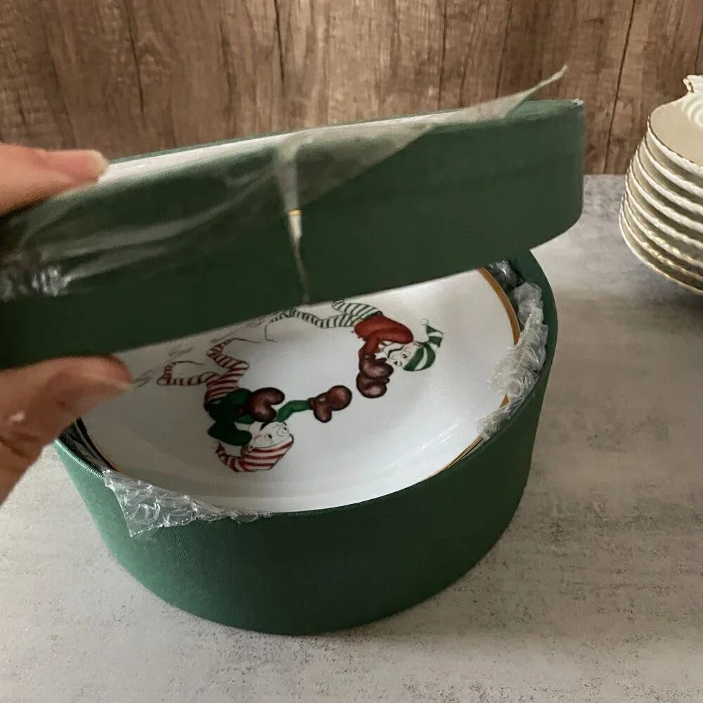 Restoration Hardware Christmas Naughty Elf 6 Salad Plates Boxed RARE Vintage